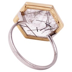 18k Yellow Gold Bezel Hexagonal Tourmalineted Quartz Unique Piece Design Ring
