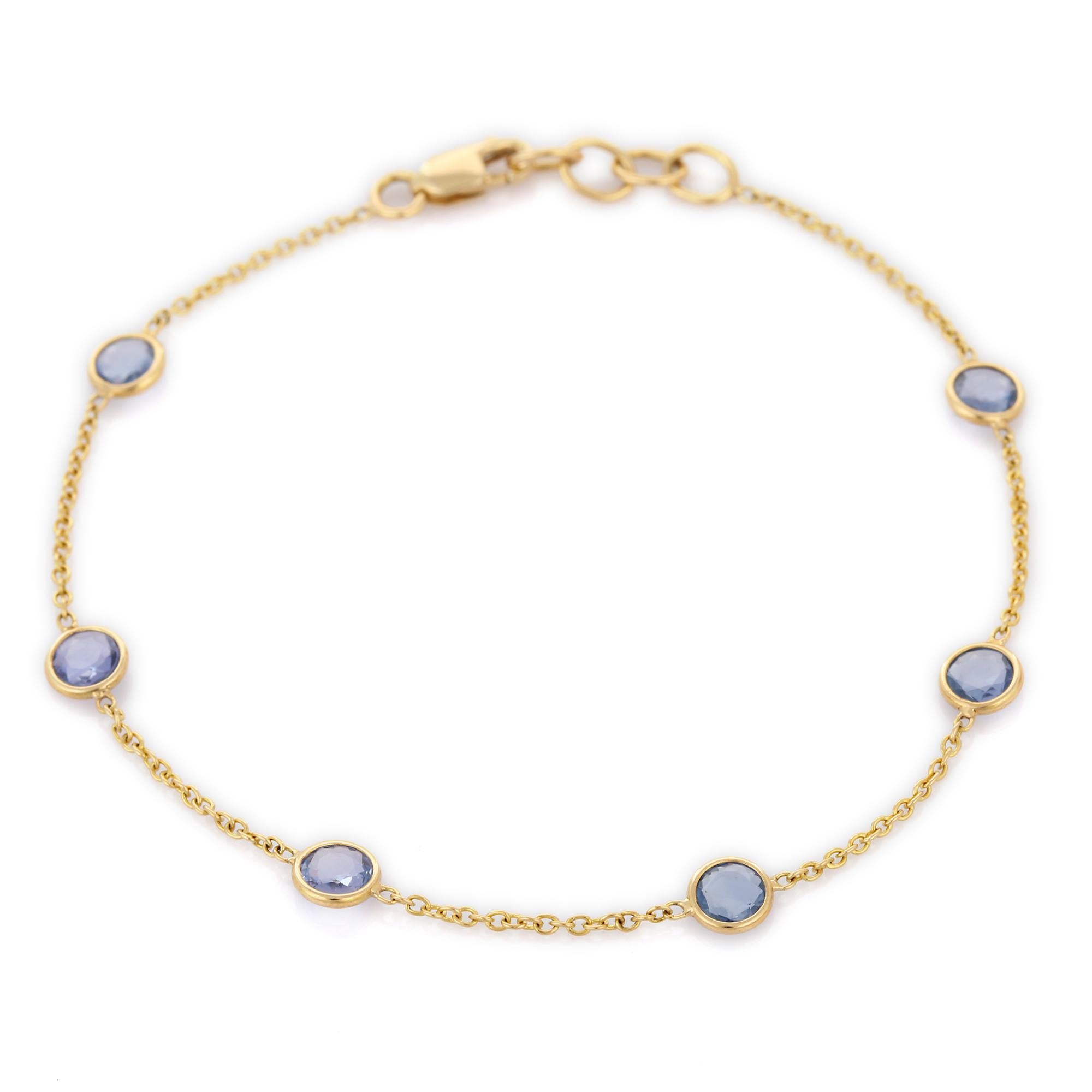 18k Yellow Gold Bezel Set 2.2 Ct Blue Sapphire Stackable Chain Bracelet In New Condition For Sale In Houston, TX