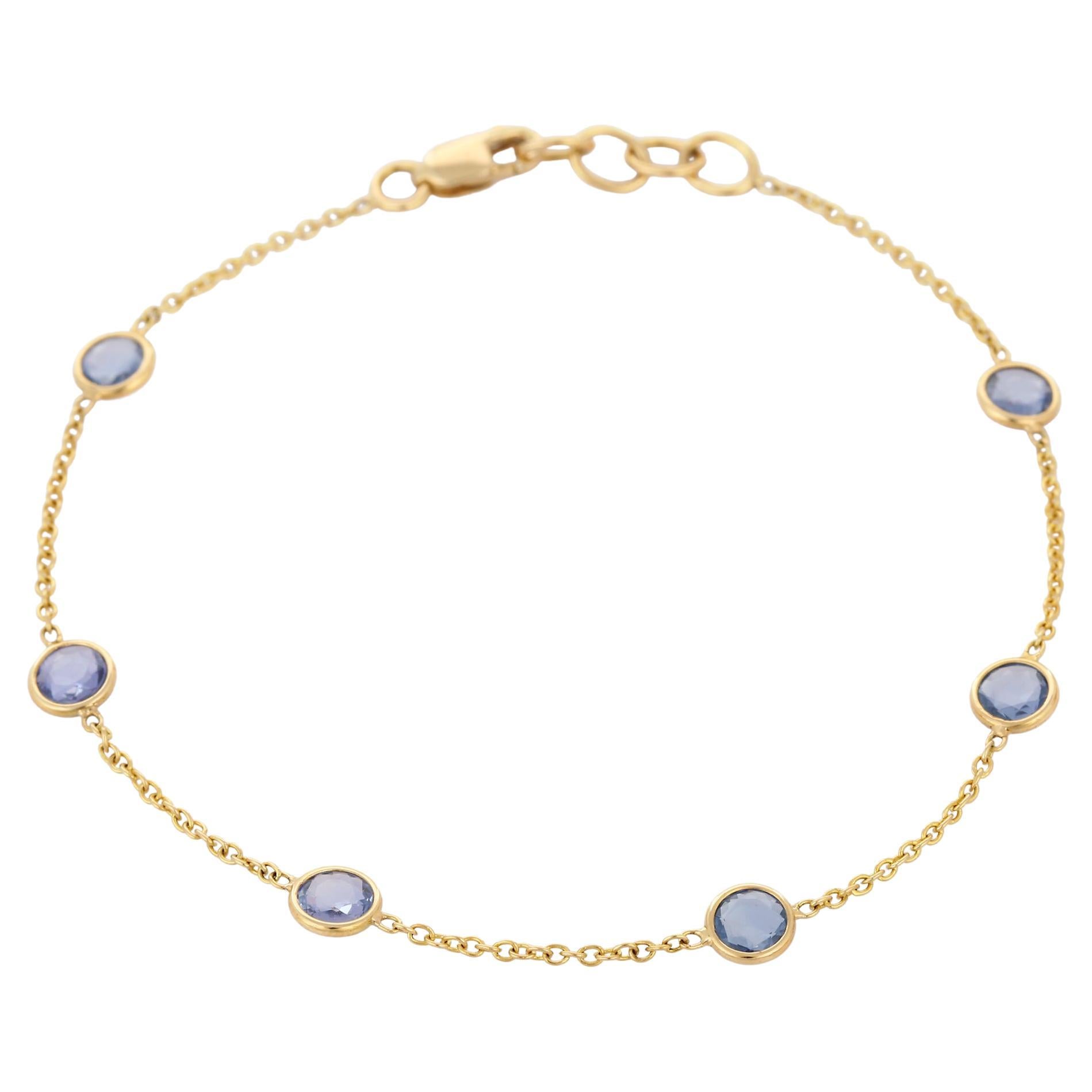 18k Yellow Gold Bezel Set 2.2 Ct Blue Sapphire Stackable Chain Bracelet