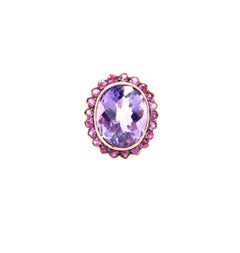 18k Yellow Gold Bezel-Set Amethyst Pink Sapphire Halo Pendant