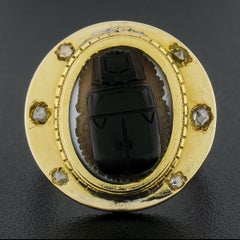18k Yellow Gold Bezel Set Carved Hard Stone Scarab w/ Rose Cut Diamonds Ring