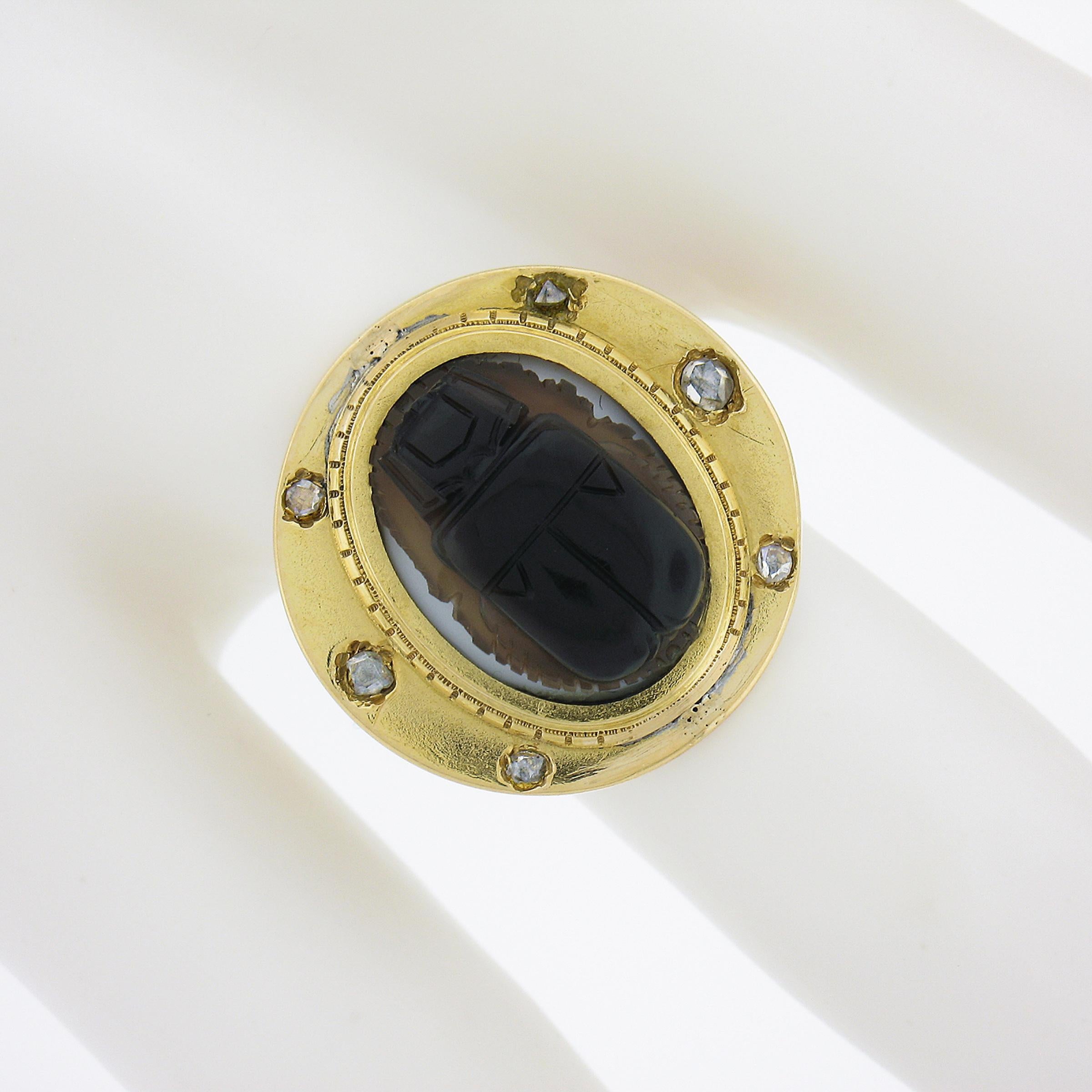 Women's or Men's 18k Yellow Gold Bezel Set Carved Hard Stone Scarab w/ Rose Cut Diamonds Ring For Sale