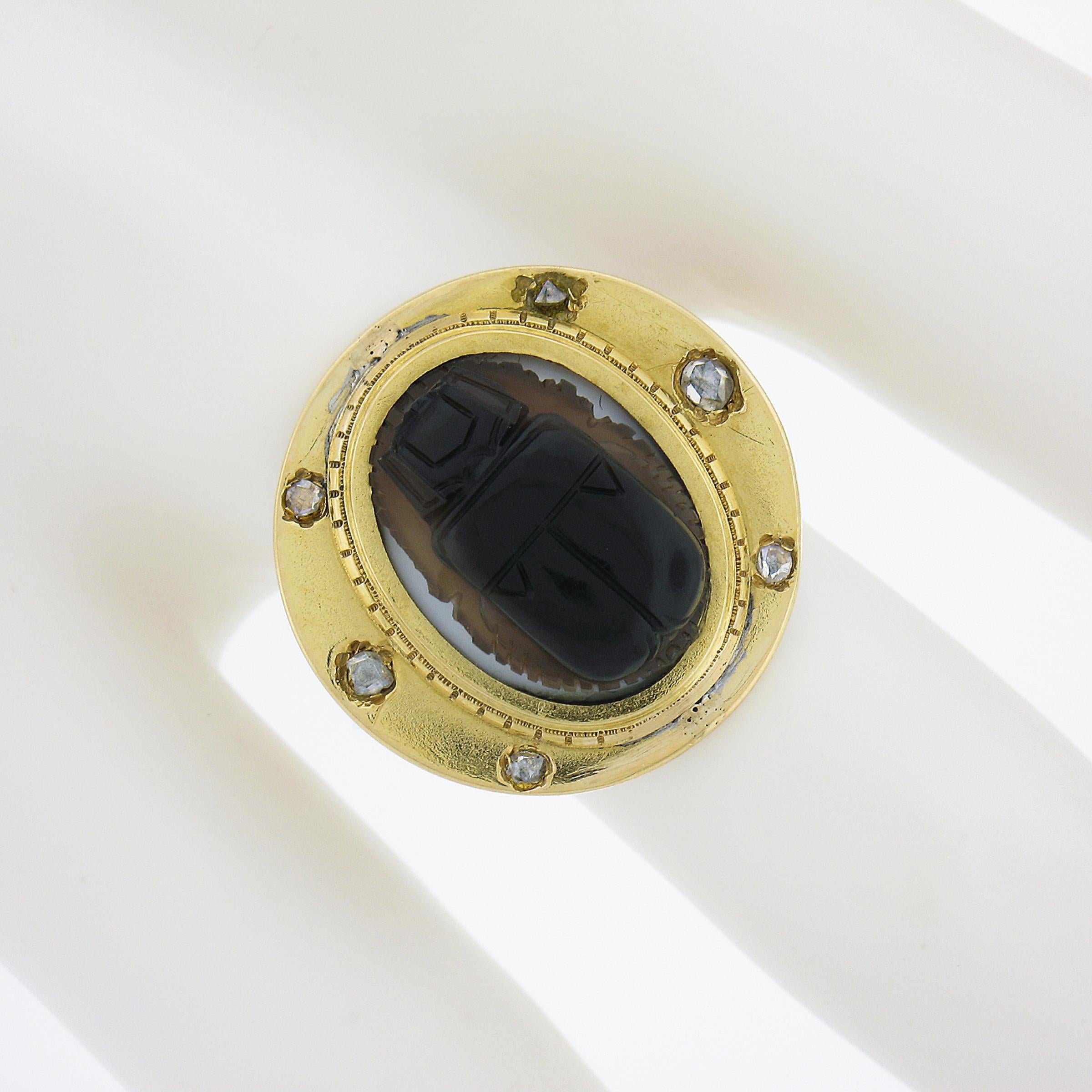 Bague Scarabée en or jaune 18 carats sertie d'une pierre dure sculptée et de diamants taille rose Bon état - En vente à Montclair, NJ