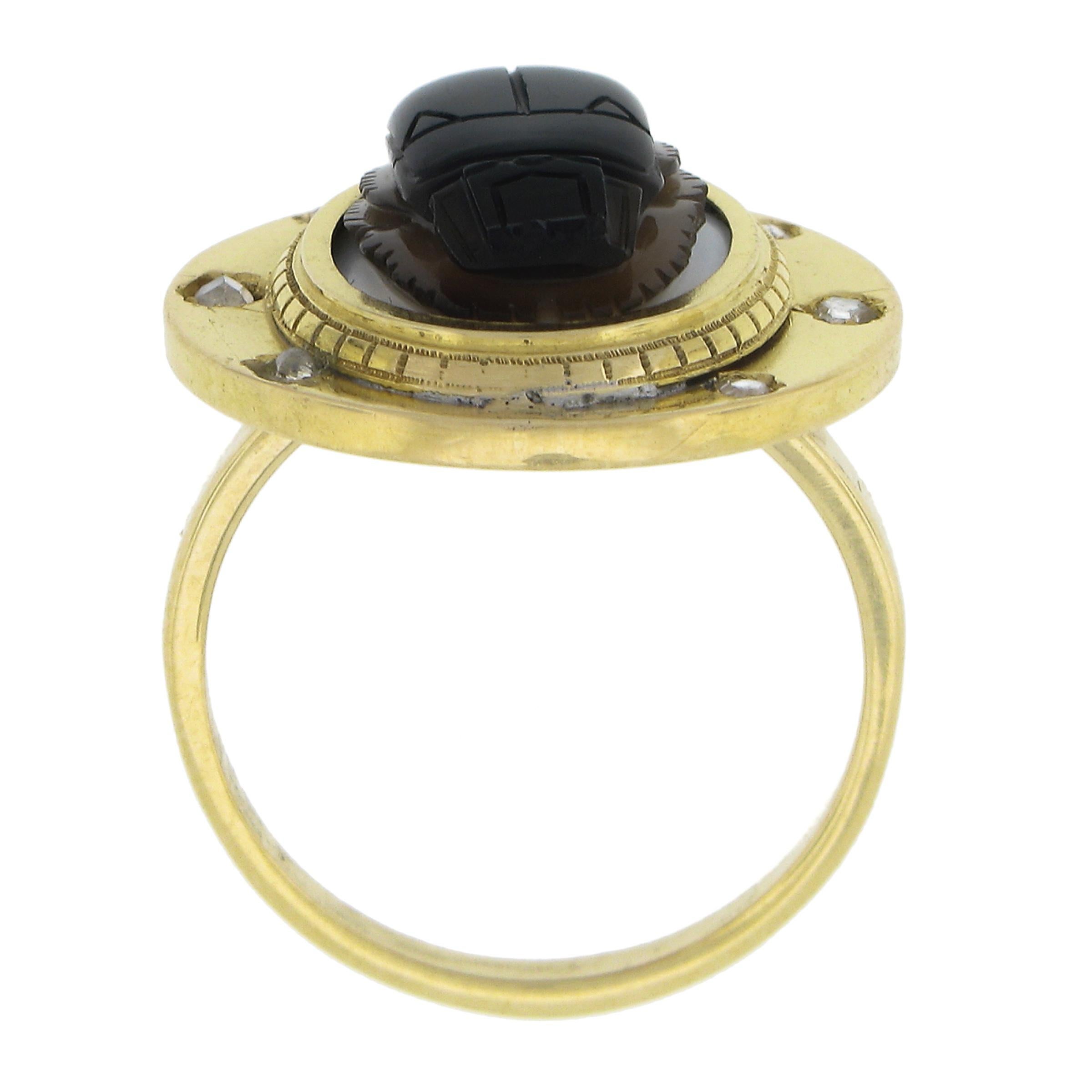 18k Yellow Gold Bezel Set Carved Hard Stone Scarab w/ Rose Cut Diamonds Ring For Sale 4
