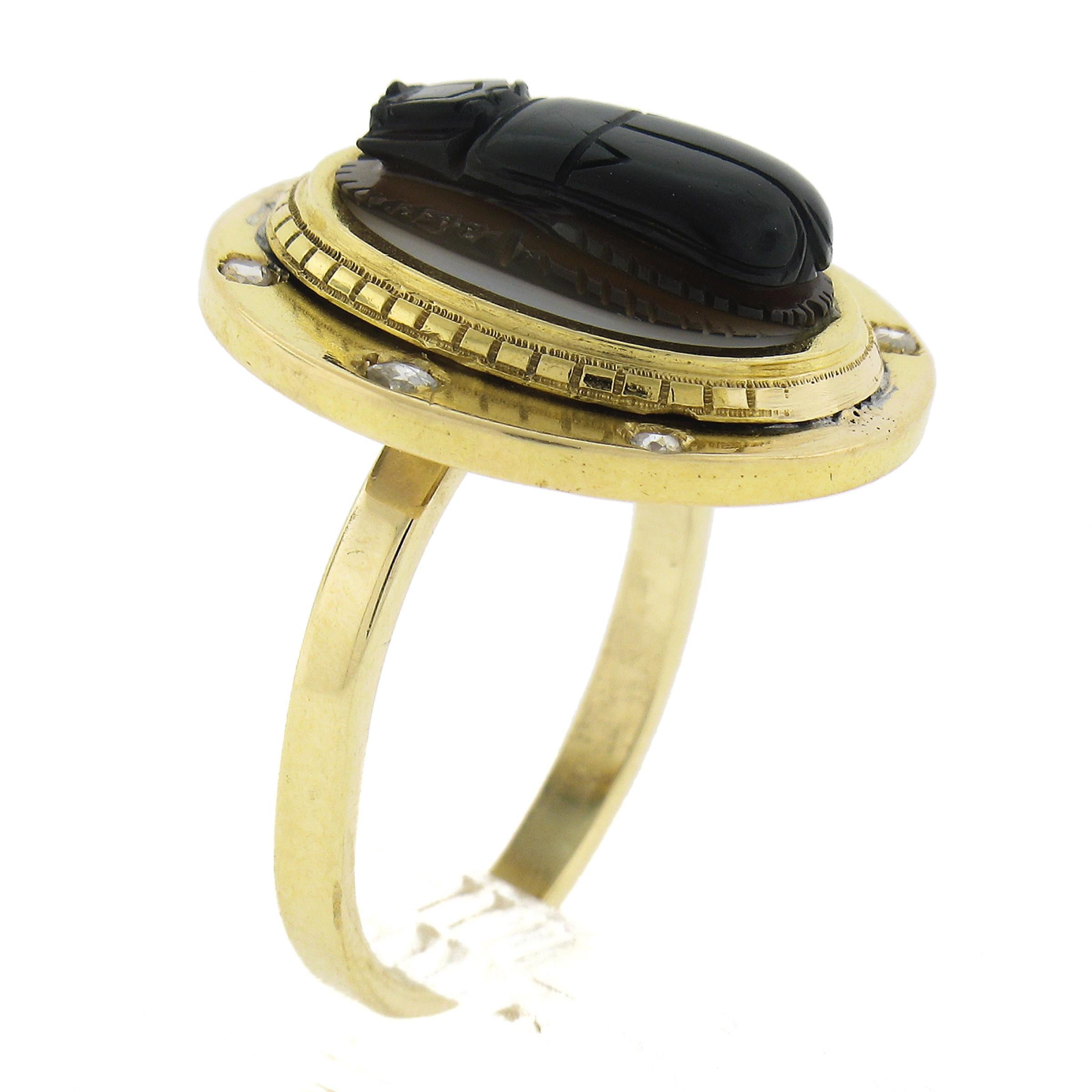 18k Yellow Gold Bezel Set Carved Hard Stone Scarab w/ Rose Cut Diamonds Ring For Sale 5