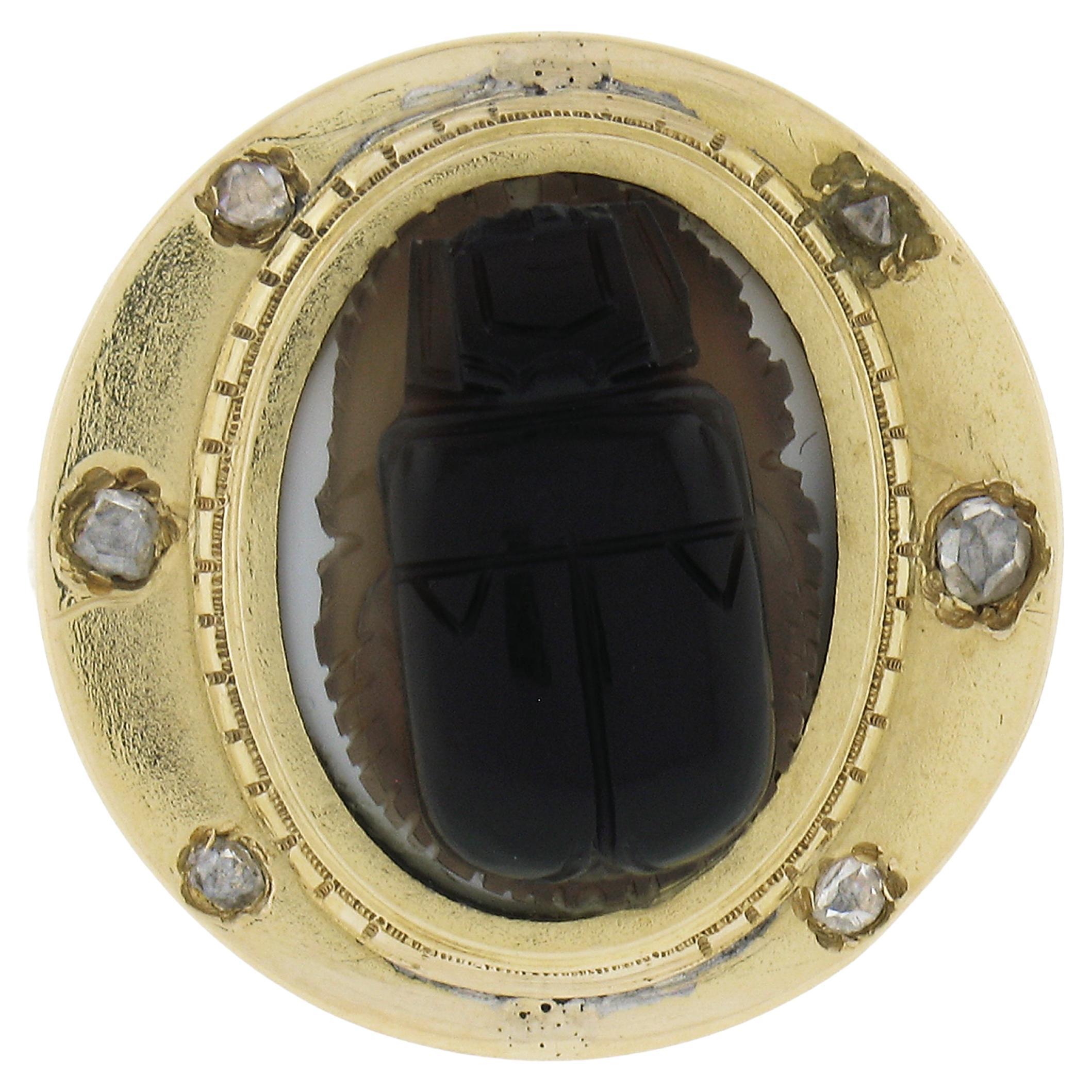18k Yellow Gold Bezel Set Carved Hard Stone Scarab w/ Rose Cut Diamonds Ring For Sale