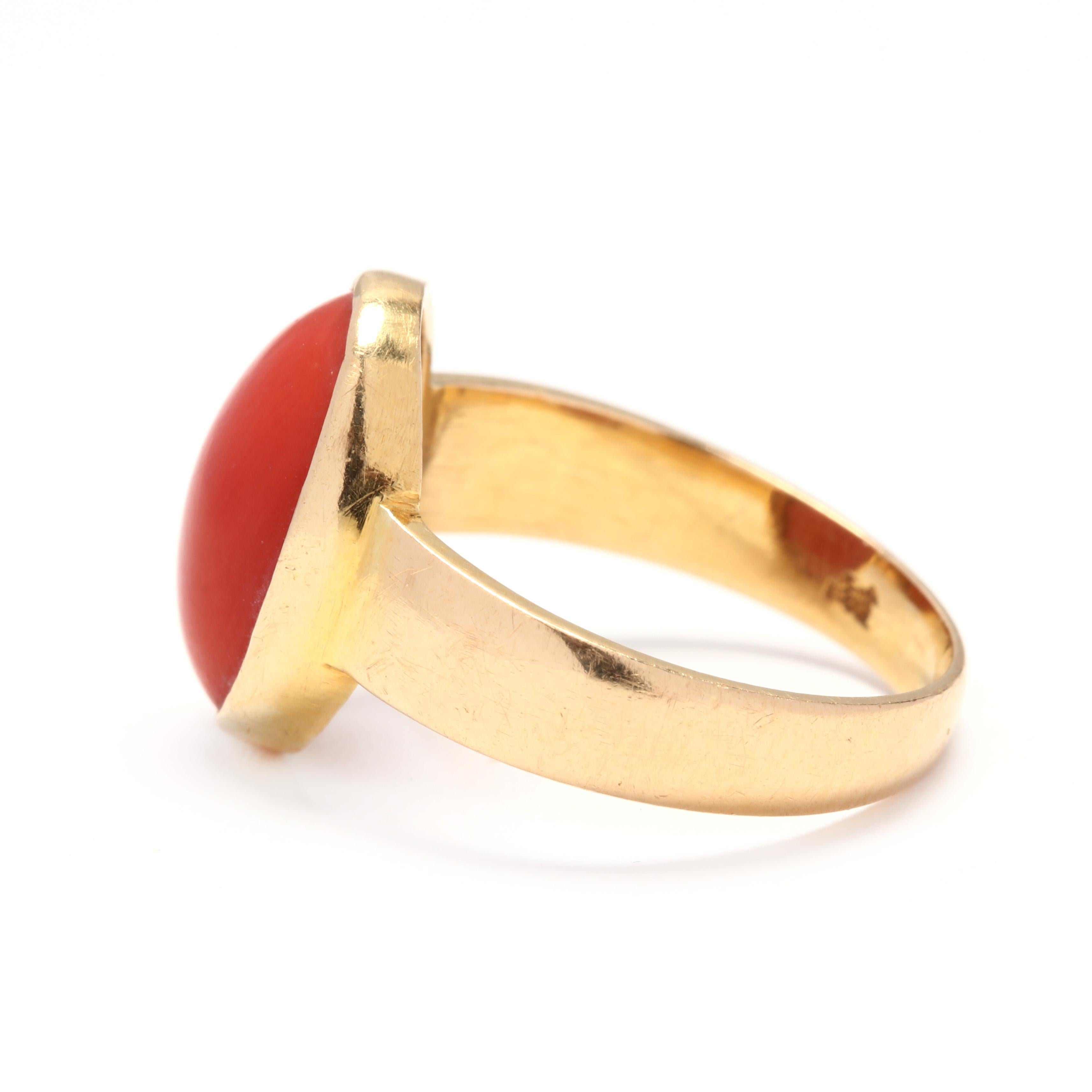 18 Karat Yellow Gold and Bezel Set Coral Solitaire Ring In Good Condition In McLeansville, NC