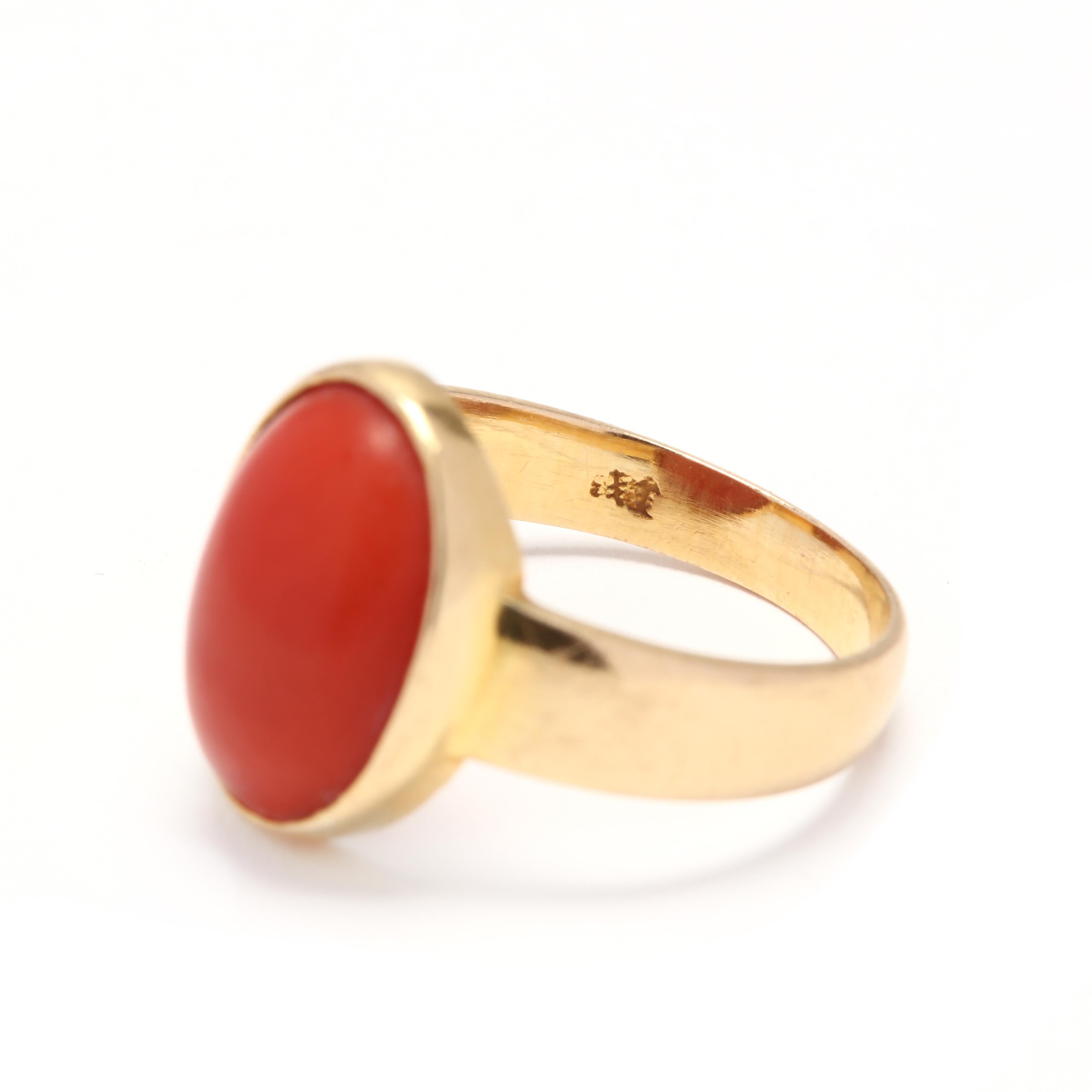 Women's or Men's 18 Karat Yellow Gold and Bezel Set Coral Solitaire Ring