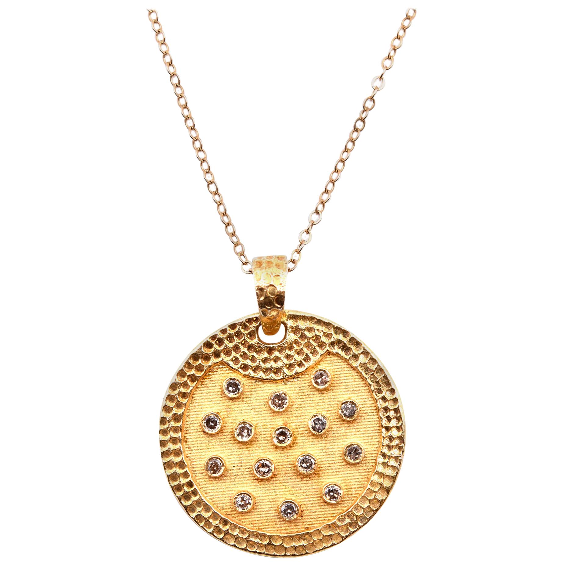18 Karat Yellow Gold Bezel Set Diamond Disc Necklace