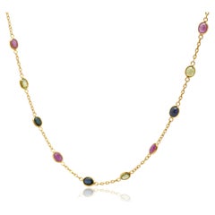 18K Yellow Gold Bezel Set Multi-Color Oval Sapphire Station Necklace 18.0"