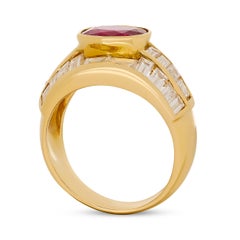 18K Yellow Gold Bezel Set Oval Ruby and Baguette Diamond Band Ring