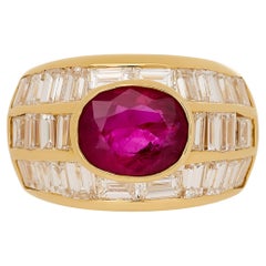18K Yellow Gold Bezel Set Oval Ruby and Baguette Diamond Band Ring