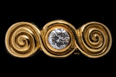 18k Yellow Gold Bezel Set Round Brilliant Diamond and Scroll Swirl Ring