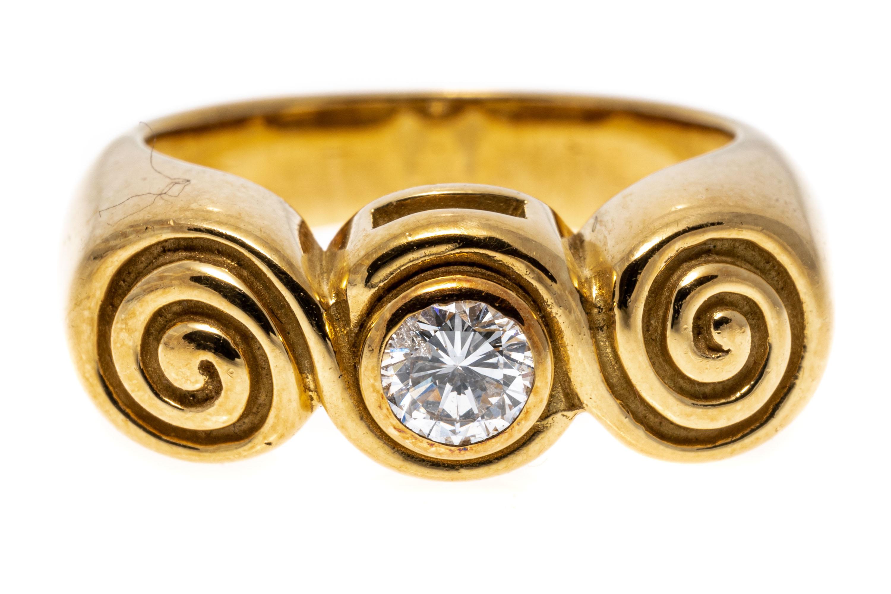 18k Yellow Gold Bezel Set Round Brilliant Diamond and Scroll Swirl Ring For Sale 1