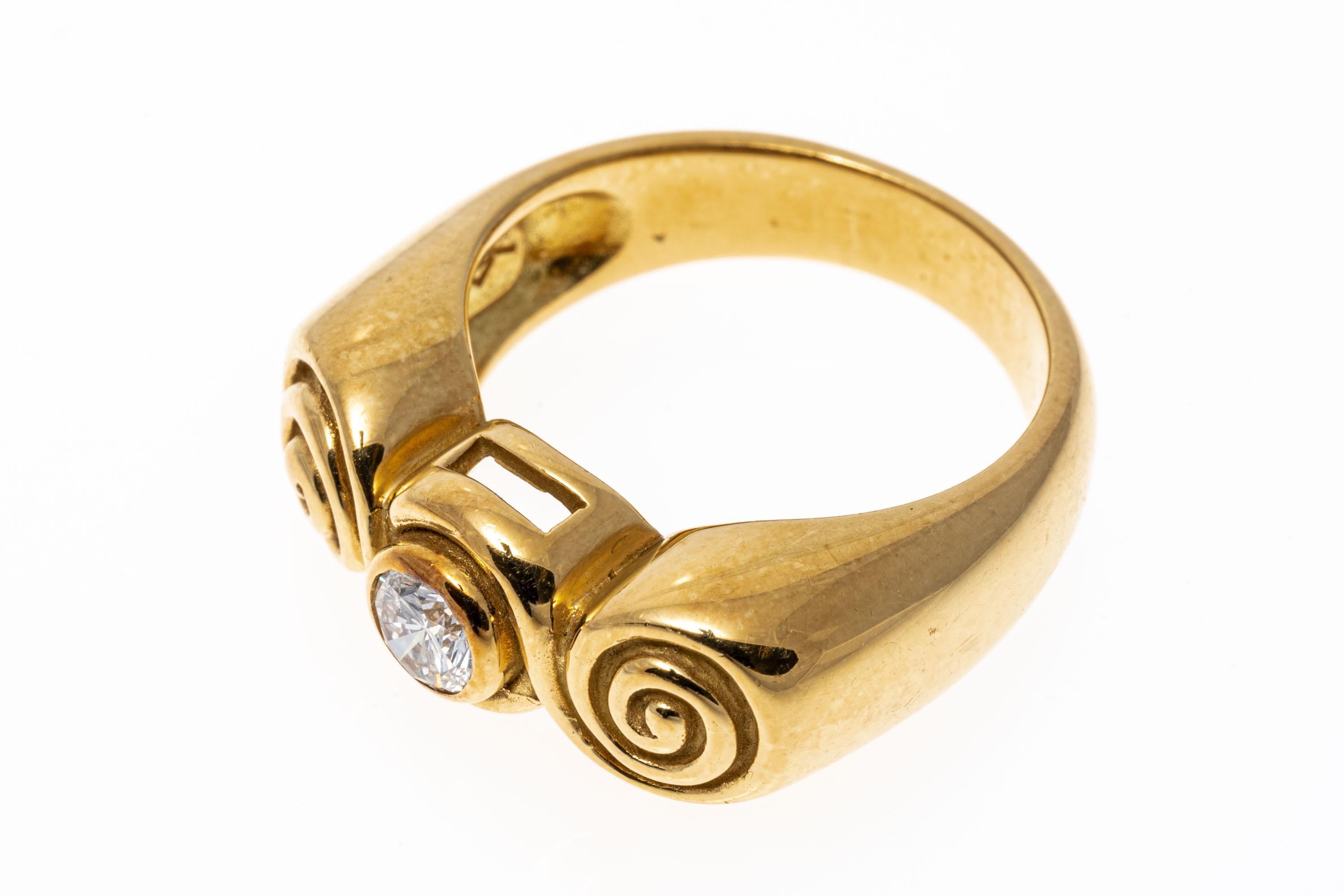 18k Yellow Gold Bezel Set Round Brilliant Diamond and Scroll Swirl Ring For Sale 3