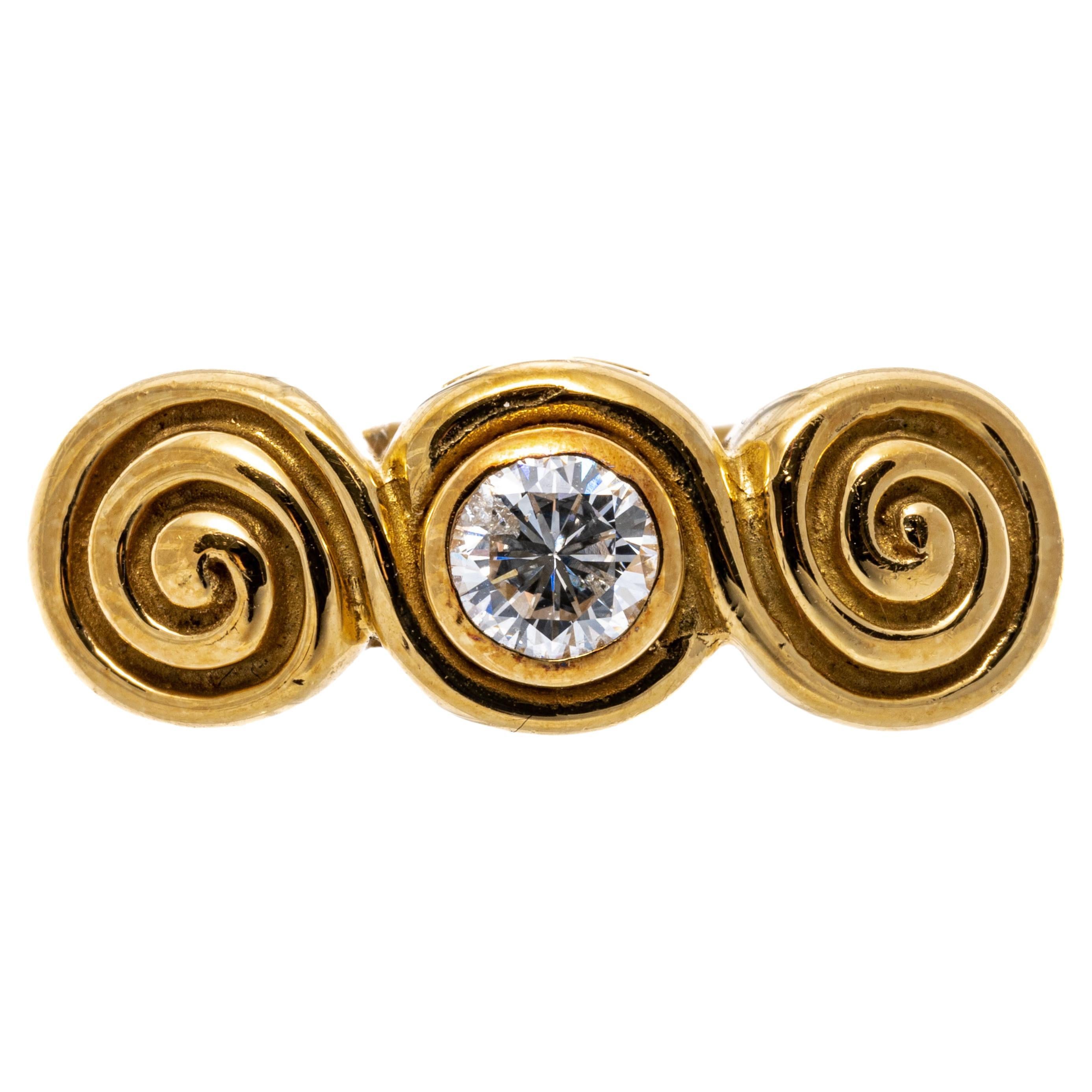 18k Yellow Gold Bezel Set Round Brilliant Diamond and Scroll Swirl Ring For Sale