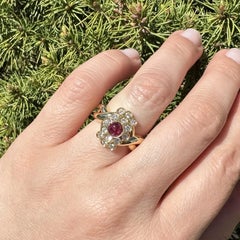 18k Yellow Gold Bezel Set VIVID RED Cabochon Ruby & Diamond Platter Ring