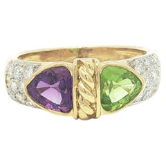 18k Yellow Gold Bezel Trillion Amethyst & Peridot w/ Pave Diamond Band Ring