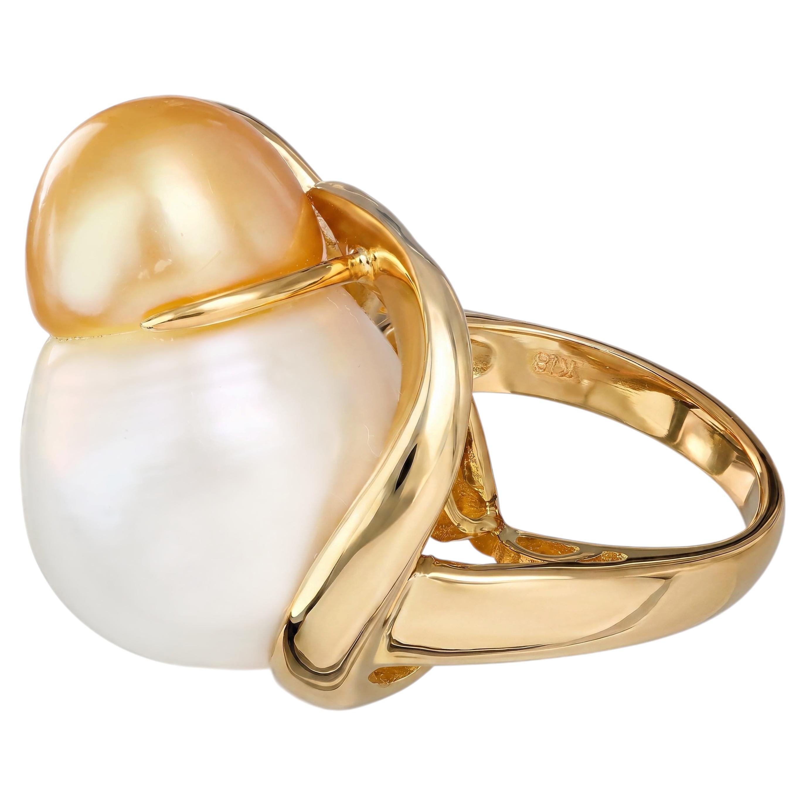 Anello in oro giallo 18 carati bicolore con perla dei Mari del Sud bianca