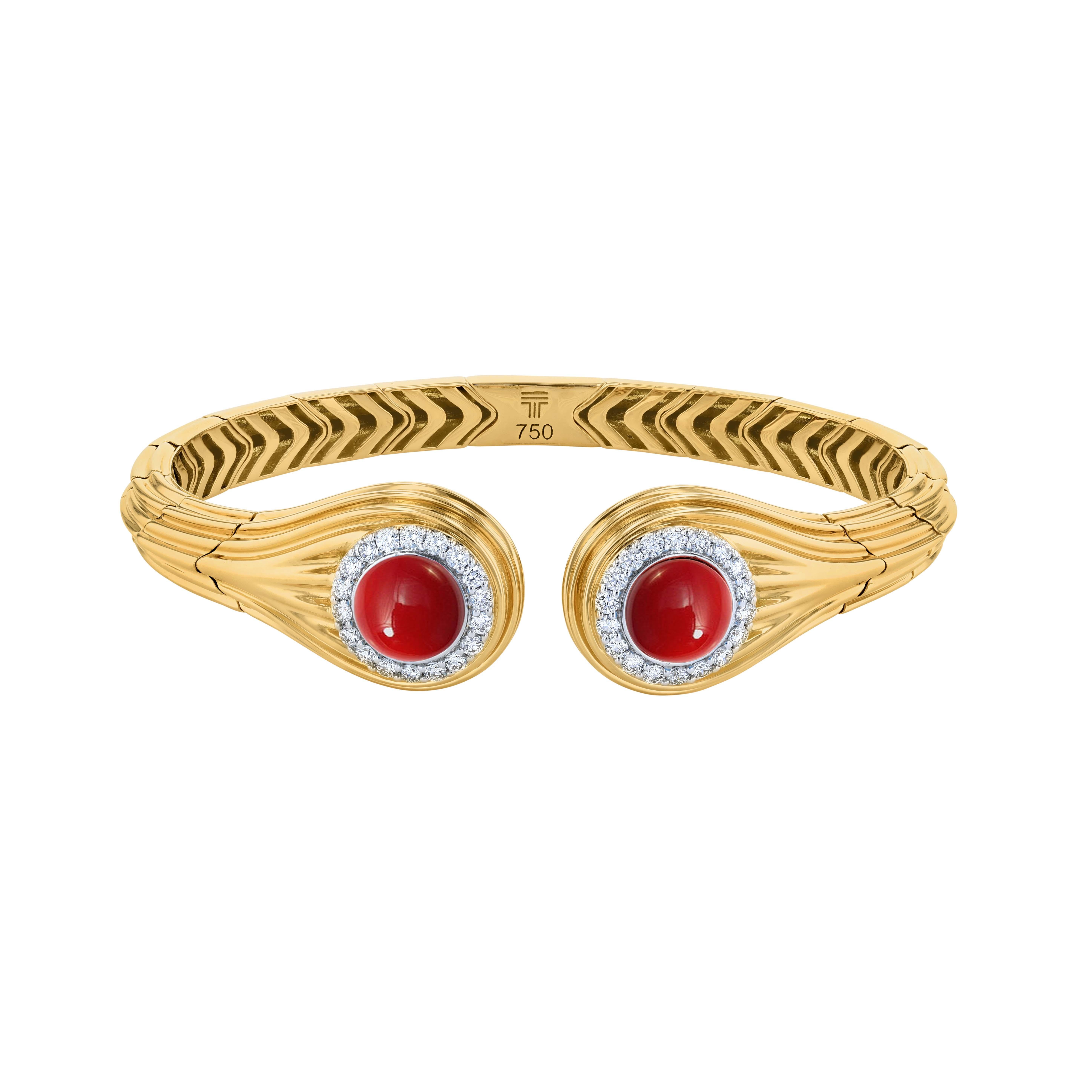 Amwaj, which means “waves” in Arabic, is a collection filled with movement evocative of the undulating waves of the ocean. This collection in 18-Karat gold features turquoise and coral gemstones. On the gold bracelet, shank of the ring and earrings