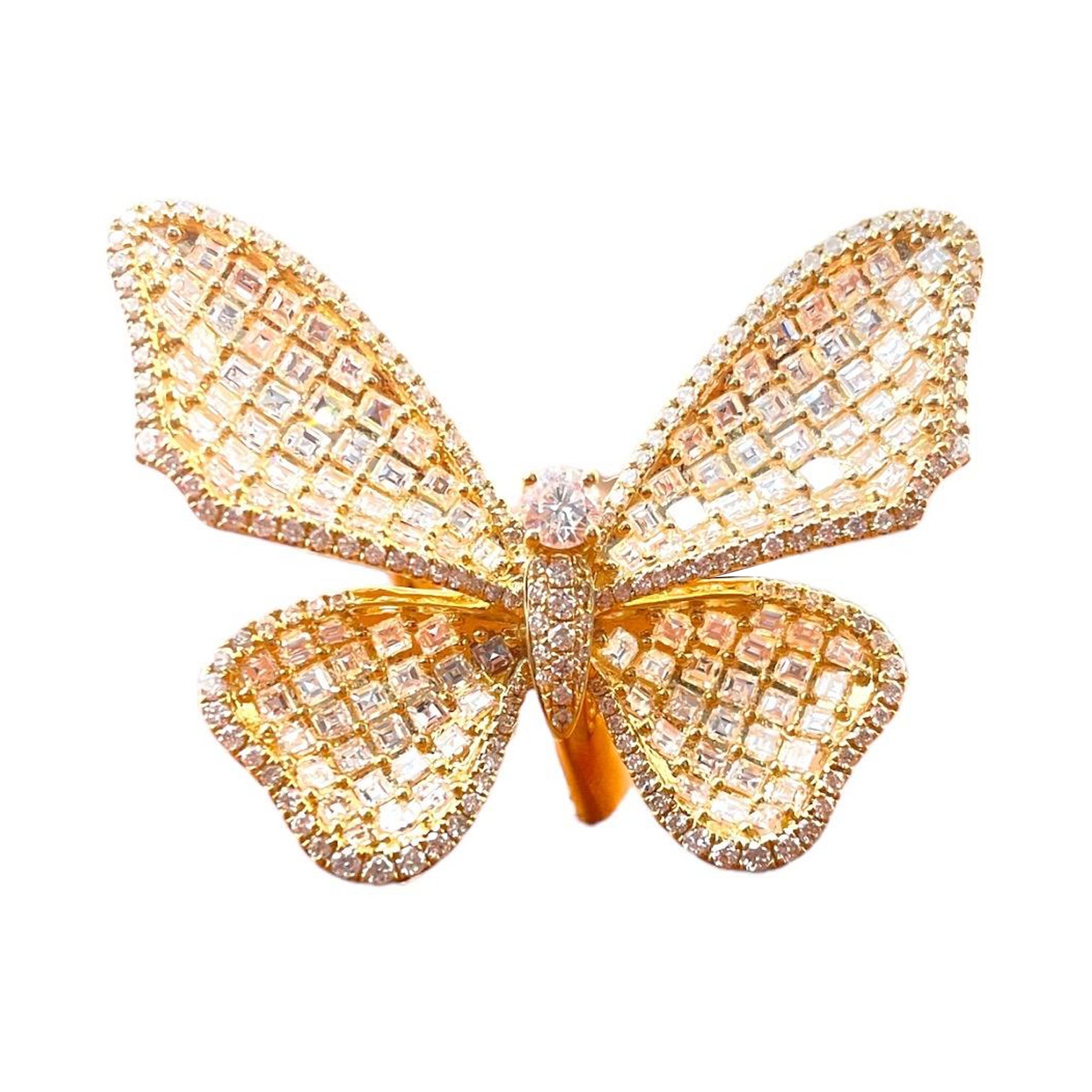Bague cocktail en or jaune 18K Big Butterfly 4,50 ct de diamant en vente