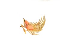 18K Yellow Gold Bird Pin Brooch 0.6ct Round H VS Diamonds 22.61x10.95mm Coral