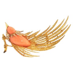 18K Yellow Gold Bird Pin Brooch 0.6ct Round H VS Diamonds 22.61x10.95mm Coral