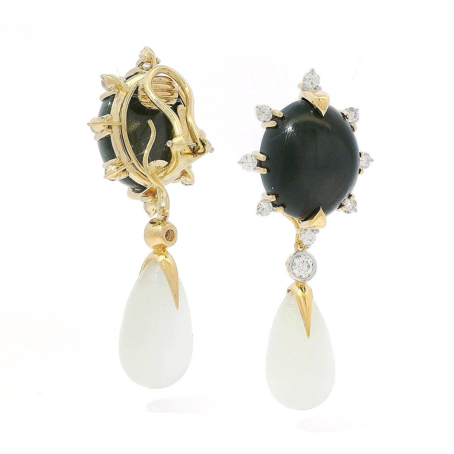 Uncut 18K Yellow Gold Black and White Moonstone Drop Earrings For Sale