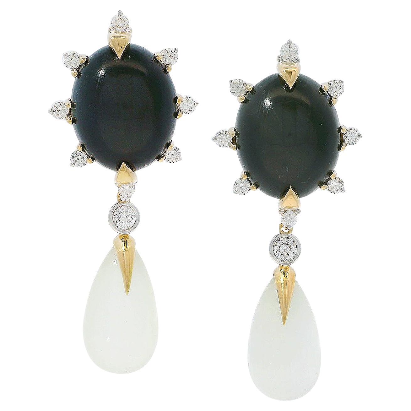 18K Yellow Gold Black and White Moonstone Drop Earrings
