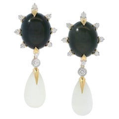 18K Yellow Gold Black and White Moonstone Drop Earrings