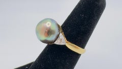 18K Yellow Gold Black Baroque Tahitian Pearl Ring with Diamond Accents