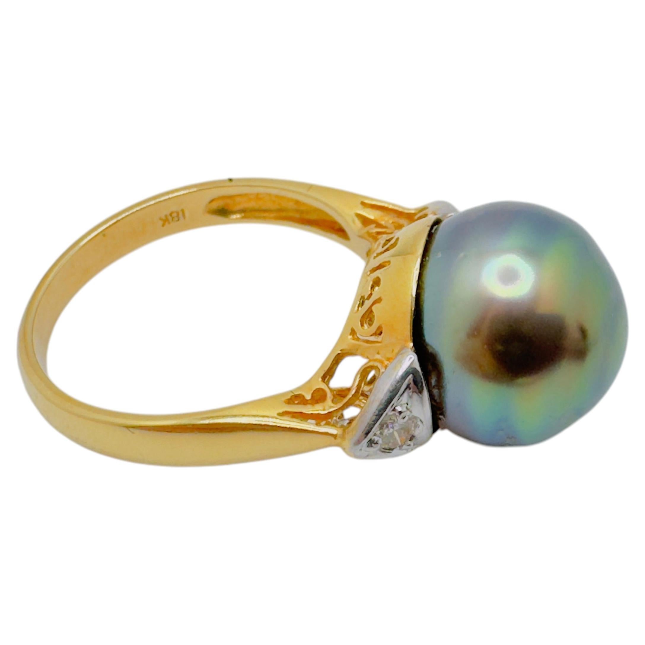 18K Yellow Gold Black Baroque Tahitian Pearl Ring with Diamond Accents
