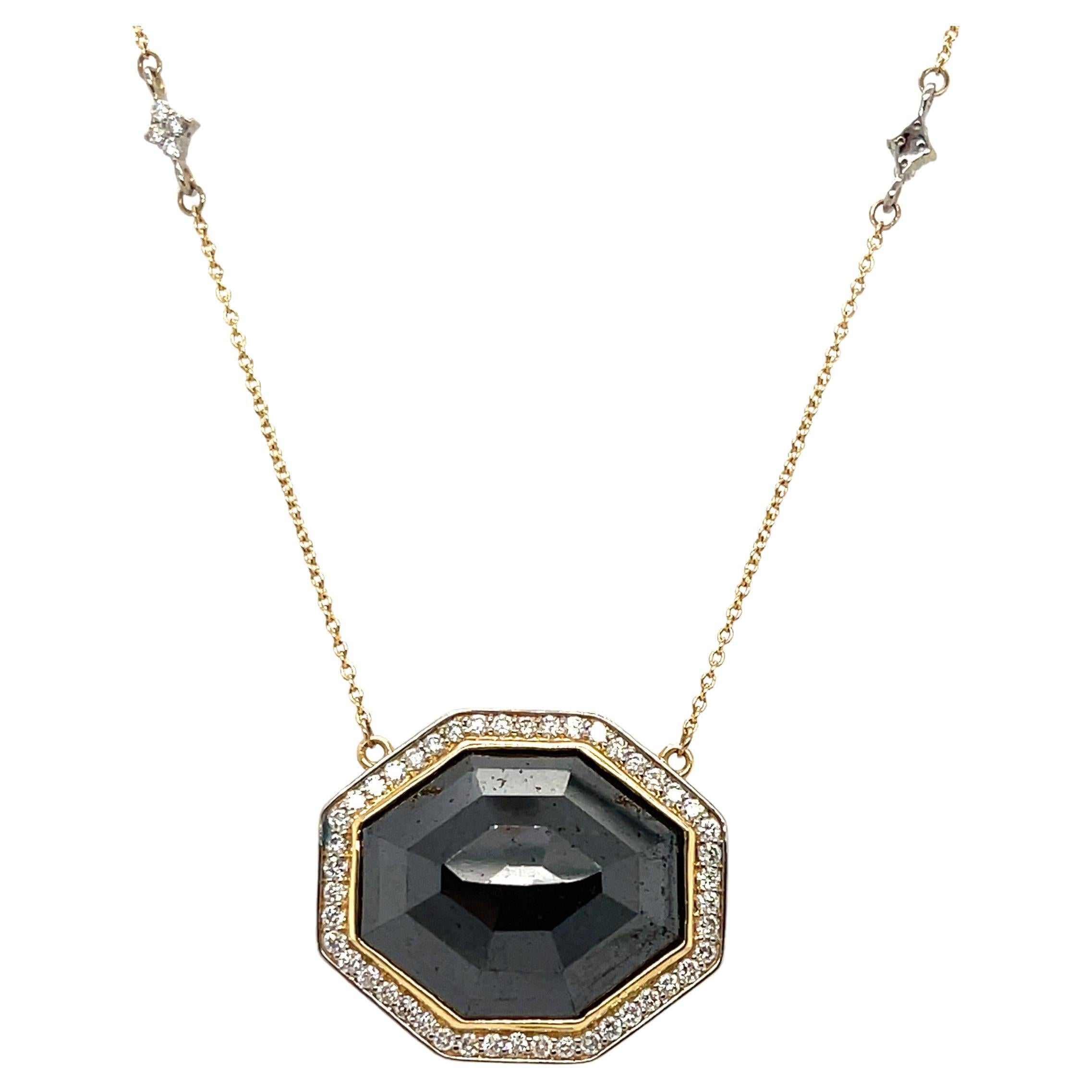 18k Yellow Gold Black Diamond Pendant and Diamond Necklace For Sale