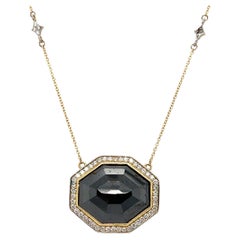 18k Yellow Gold Black Diamond Pendant and Diamond Necklace