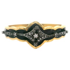 18k Yellow Gold Black Enamel and Diamond Vintage Bangle Bracelet 6.5"