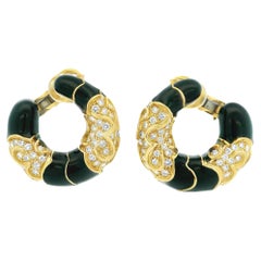 18K Yellow Gold & Black Enamel Diamond Crescent Shape Earrings