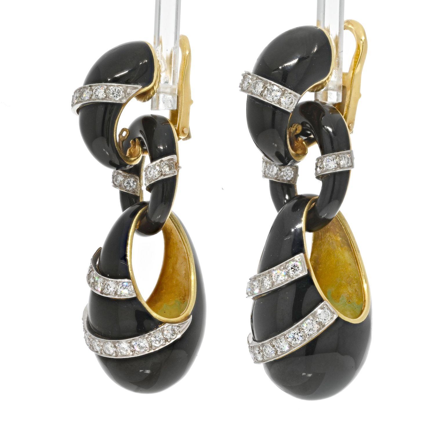 Modern 18K Yellow Gold Black Enamel Diamond Drop Dangling Earrings
