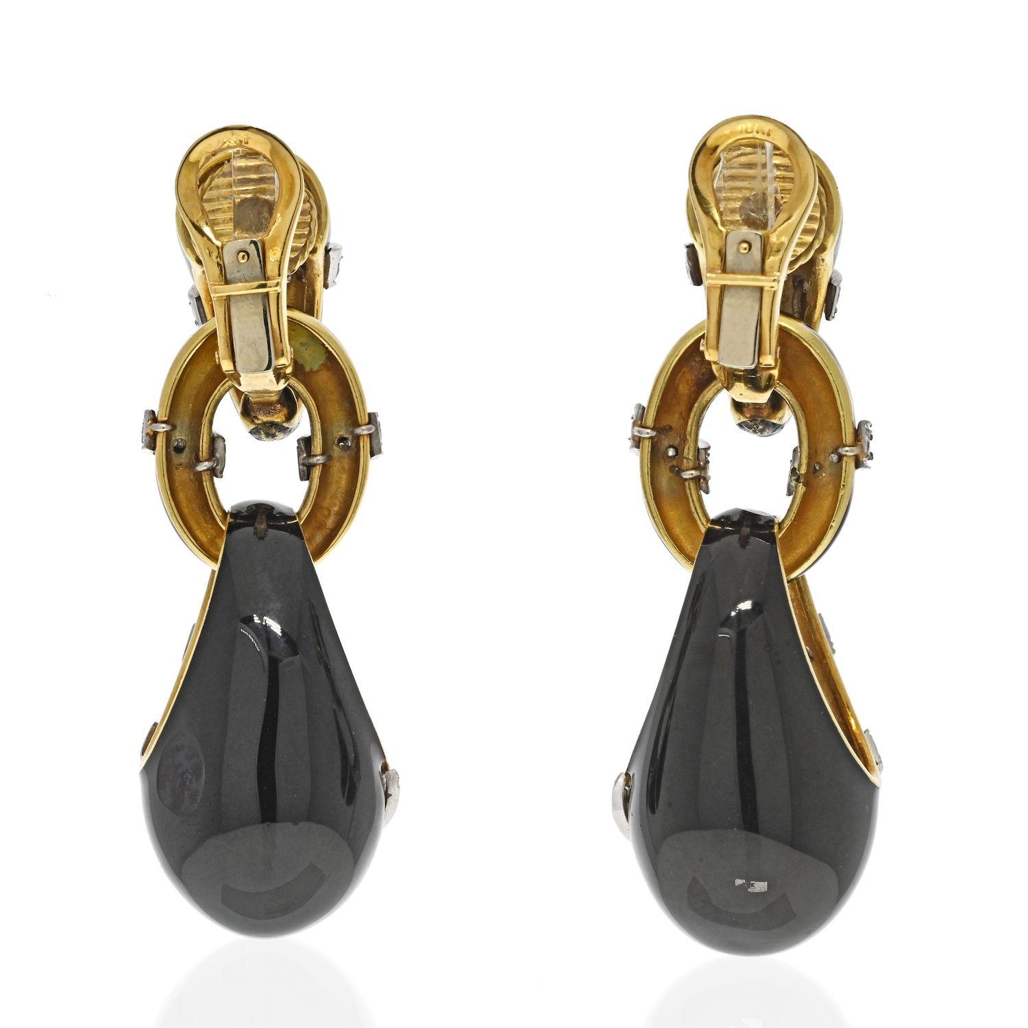 Round Cut 18K Yellow Gold Black Enamel Diamond Drop Dangling Earrings