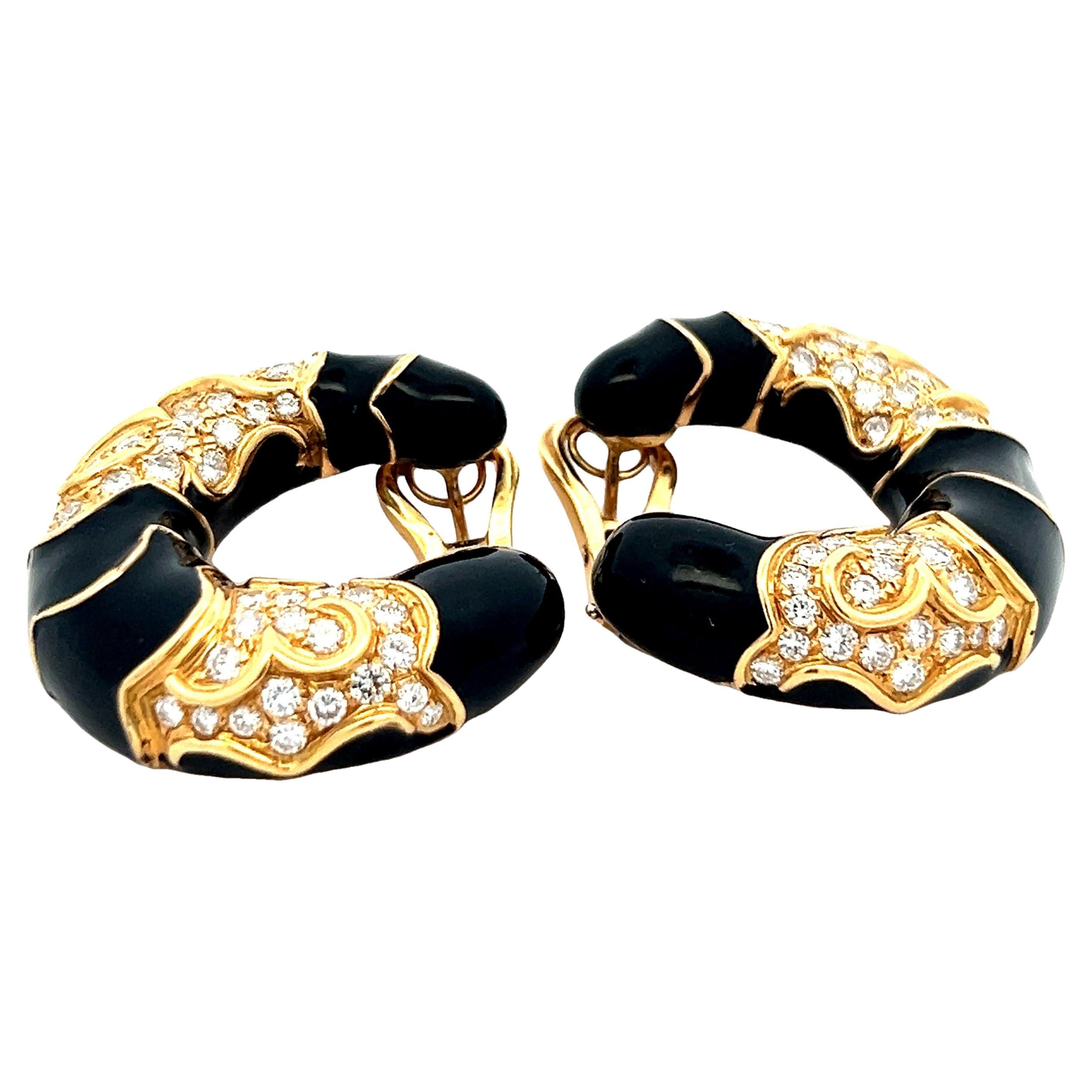 18K Yellow Gold & Black Enamel Diamond Half Moon Earrings