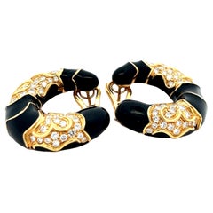 18K Yellow Gold & Black Enamel Diamond Half Moon Earrings