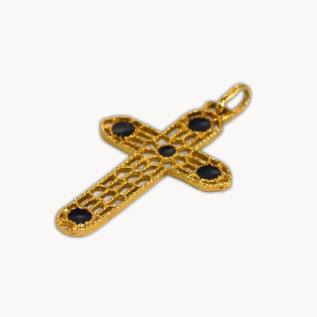 18K Yellow Gold Black Enamel Filigree Style Cross Pendant In Excellent Condition For Sale In Laguna Beach, CA