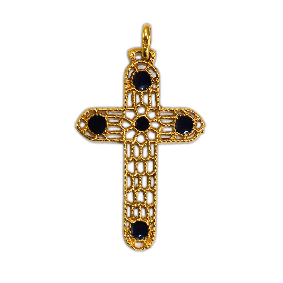 18K Yellow Gold Black Enamel Filigree Style Cross Pendant For Sale