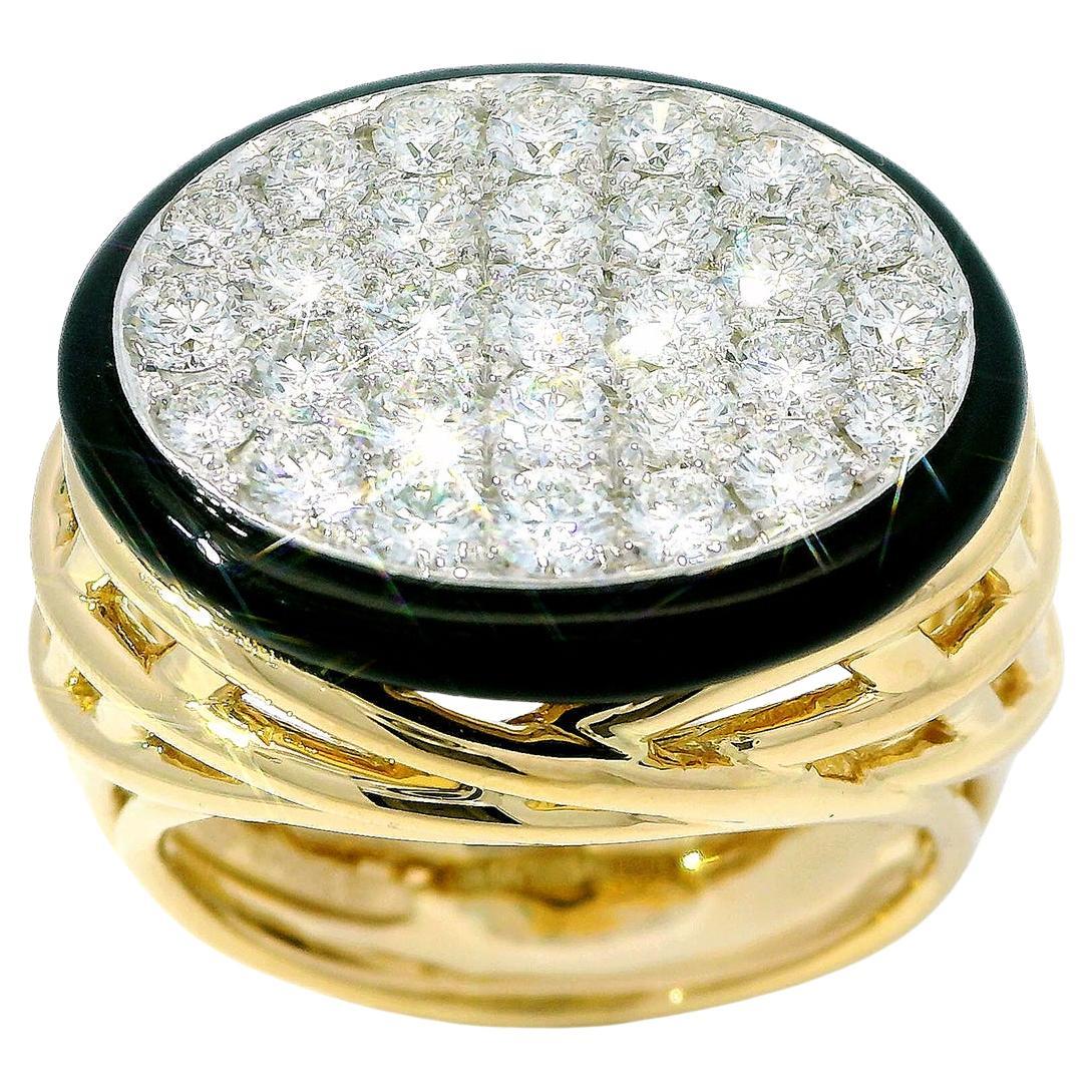 18K Yellow Gold Black Enamel Oval Woven Diamond Ring