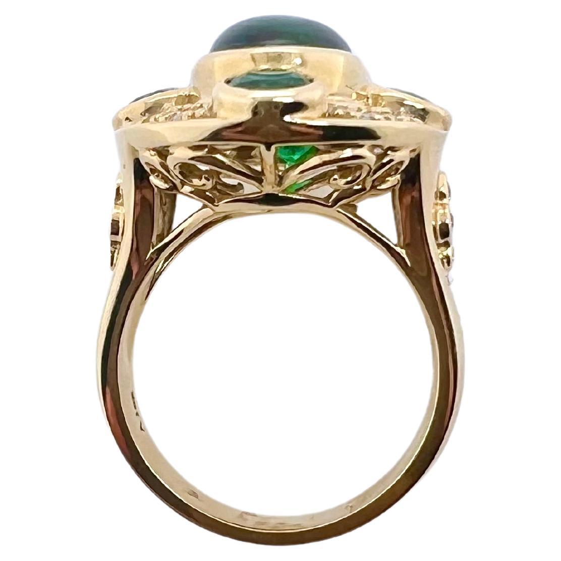 Oval Cut 18k Yellow Gold Black Ethiopian Opal with Diamonds and Emeralds Ring For Sale