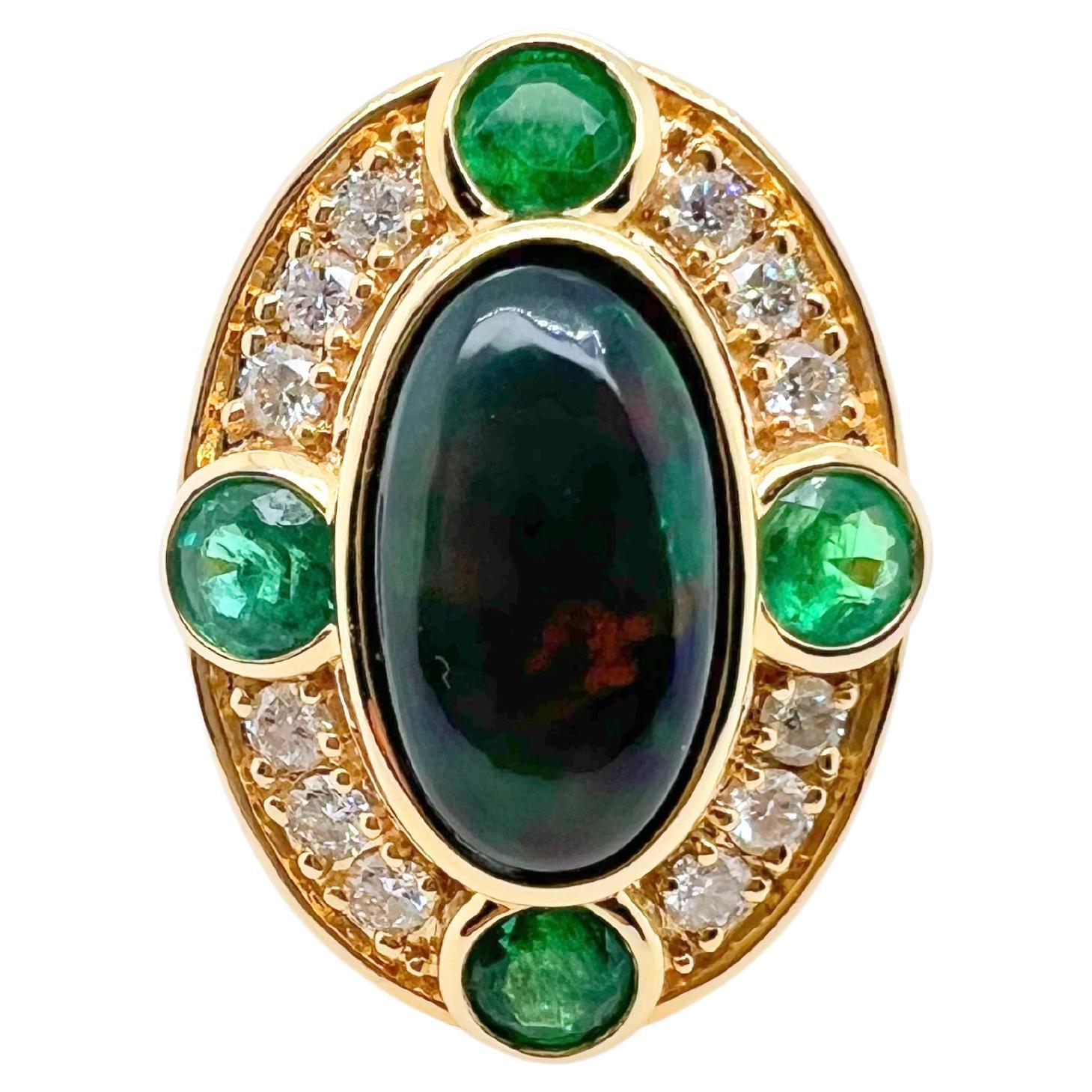 18k Yellow Gold Black Ethiopian Opal with Diamonds and Emeralds Ring For Sale