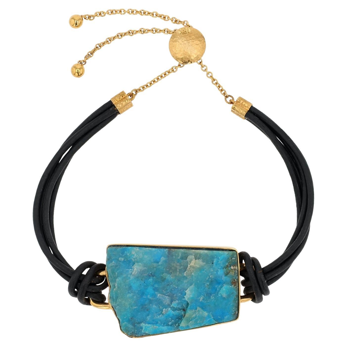 18K Yellow Gold / Black Leather Peruvian Opal Bracelet, Adjustable Length Clasp en venta