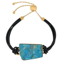 18K Yellow Gold / Black Leather Peruvian Opal Bracelet, Adjustable Length Clasp