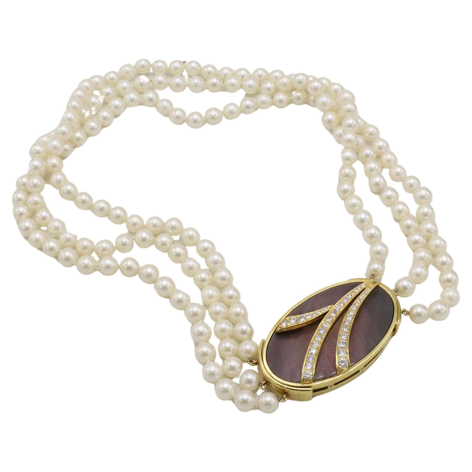 18K Yellow Gold Black Mother-of Pearl & Diamond Three-Strand Pearl Necklace