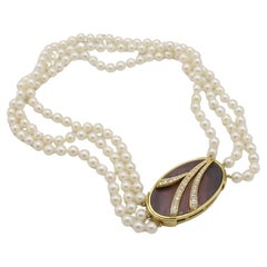 18K Yellow Gold Black Mother-of Pearl & Diamond Three-Strand Pearl Necklace