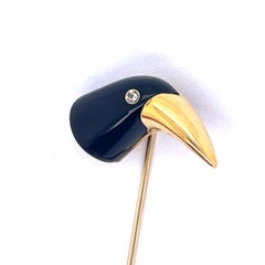 18k Yellow Gold Black Onyx and Diamond Bird Pin